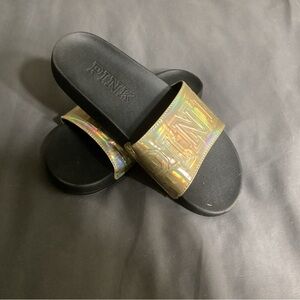 PINK Victoria's Secret Black and Gold Slippers